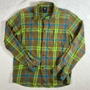 STUSSY Remix Y2K Medium Twisted Yarn Multicolor Plaid Pocket Front Shirt Flannel